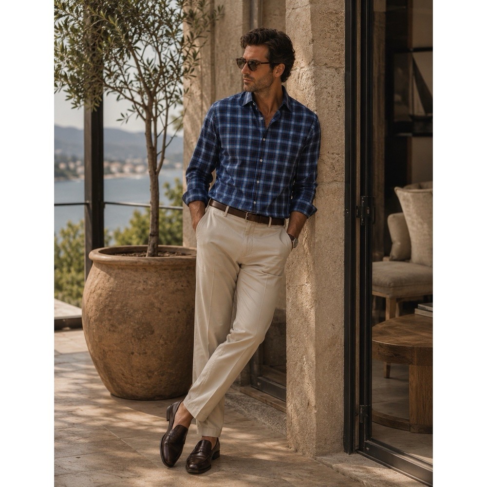 PETER MILLAR Men's Shirt LARGE Summer Comfort Navy Blue Plaid‎ Check Long Sleeve